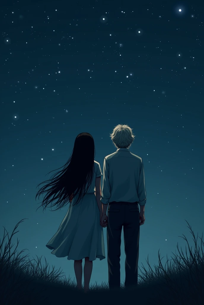 Create a 23 year old girl with long black hair next to a 125 year old boy with blonde hair, In the background the night with stars and the two of them with their backs turned