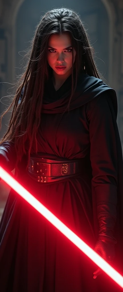 Smartphone wallpappwr, beautiful detailed woman with long dreadlocks wearing a black robe, dark lighting,glowing red lightsaber,onły light isbfrom glowing lightsaber, a sinister and menacing look, (masterpiece:1.2),ultra-detailed,photorealistic,sci-fi,dramatic cinematic lighting,moody atmosphere,dark fantasy,high contrast,muted color palette, very Dark and Simple background, star wars, sith lord,