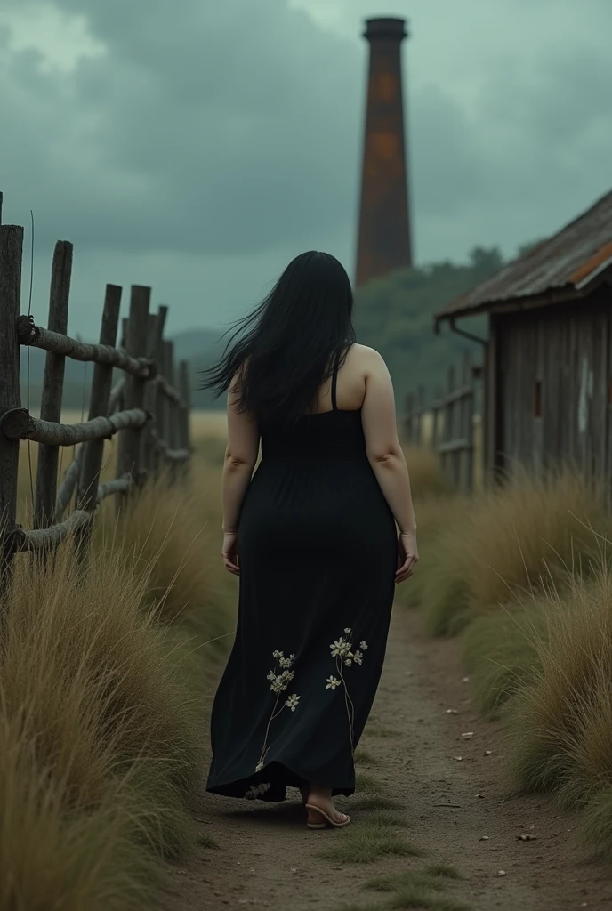 cinematic (photorealism:1.2), real pic
real pic 34 year old curvy Asian woman with long black hair, wearing a black dress with floral motifs, black shoes, walking against the backdrop of the savanna, tall dry weeds, a stretched wooden fence, a rusty chimney, dark clouds