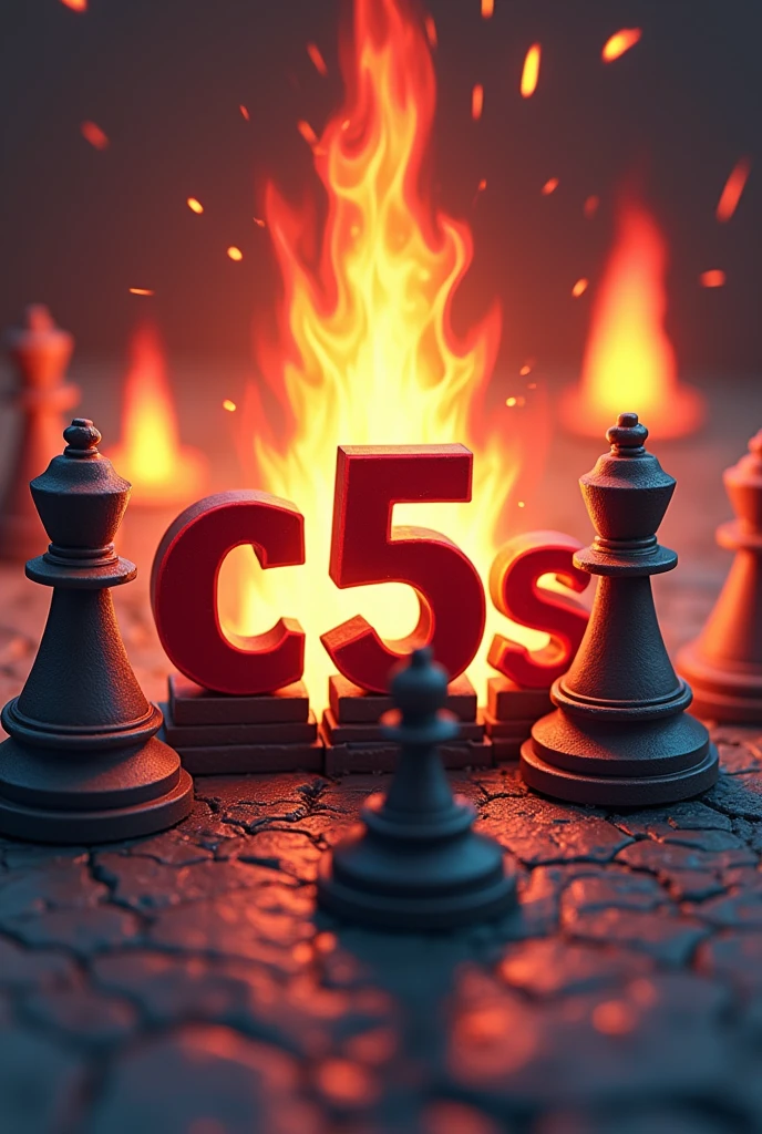 Last War game at war with miniature bases, all bases with the same strength and sizes. Of five bases, two of them are in burning flames with 2D game graphics with the alliance initials written 'C5S' between one of the victorious bases in bold red with the fire background