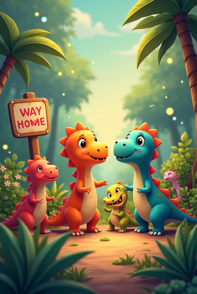 A little dinosaur and his friends can see a special sign, pointing them home. Happy face."