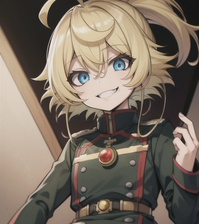 Tanya Degurechaff, Miitar uniform, evil smile, short stature, Killer eyes, psychotic eyes