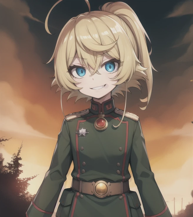 Tanya Degurechaff, Miitar uniform, evil smile, short stature, Killer eyes, psychotic eyes