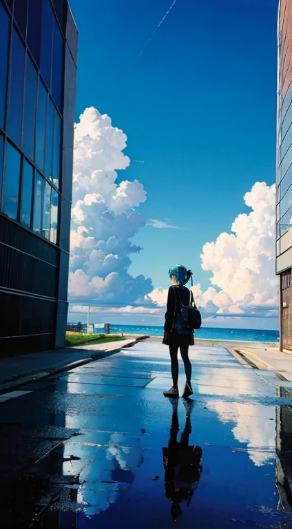 hatsune miku, standing, mid shot, perfect lighting, dynamic shot, mirror, horizon, reflection, blue sky, cloud,
