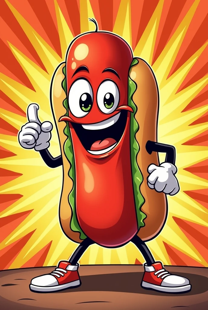 Make a fast food chain mascot in the shape of a hot dog, with a style and with comic style