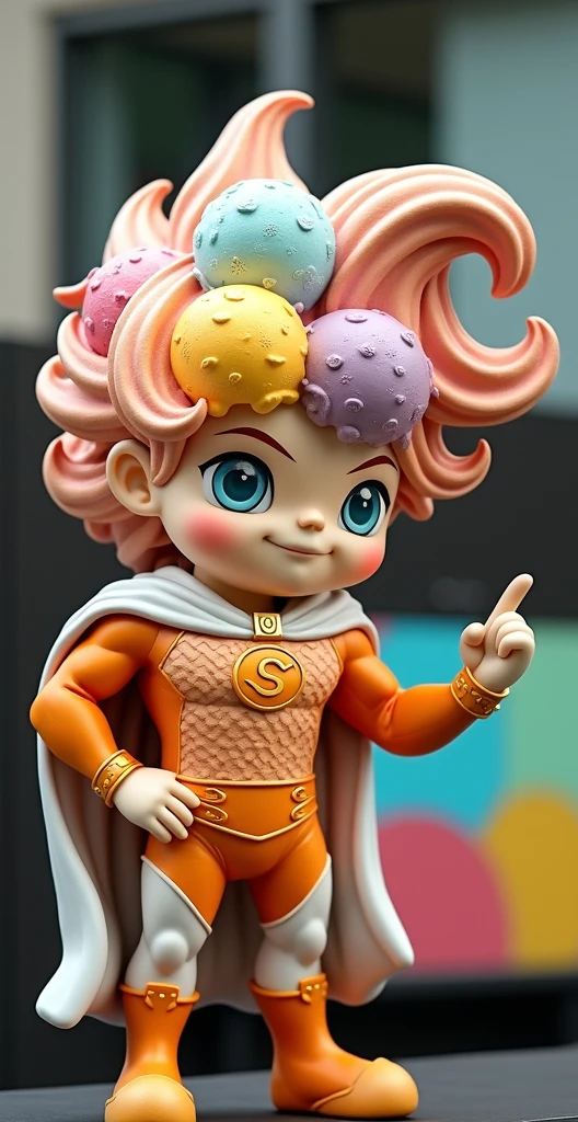 Statue of a man with his hair in the shape of ice cream dressed as a superhero
