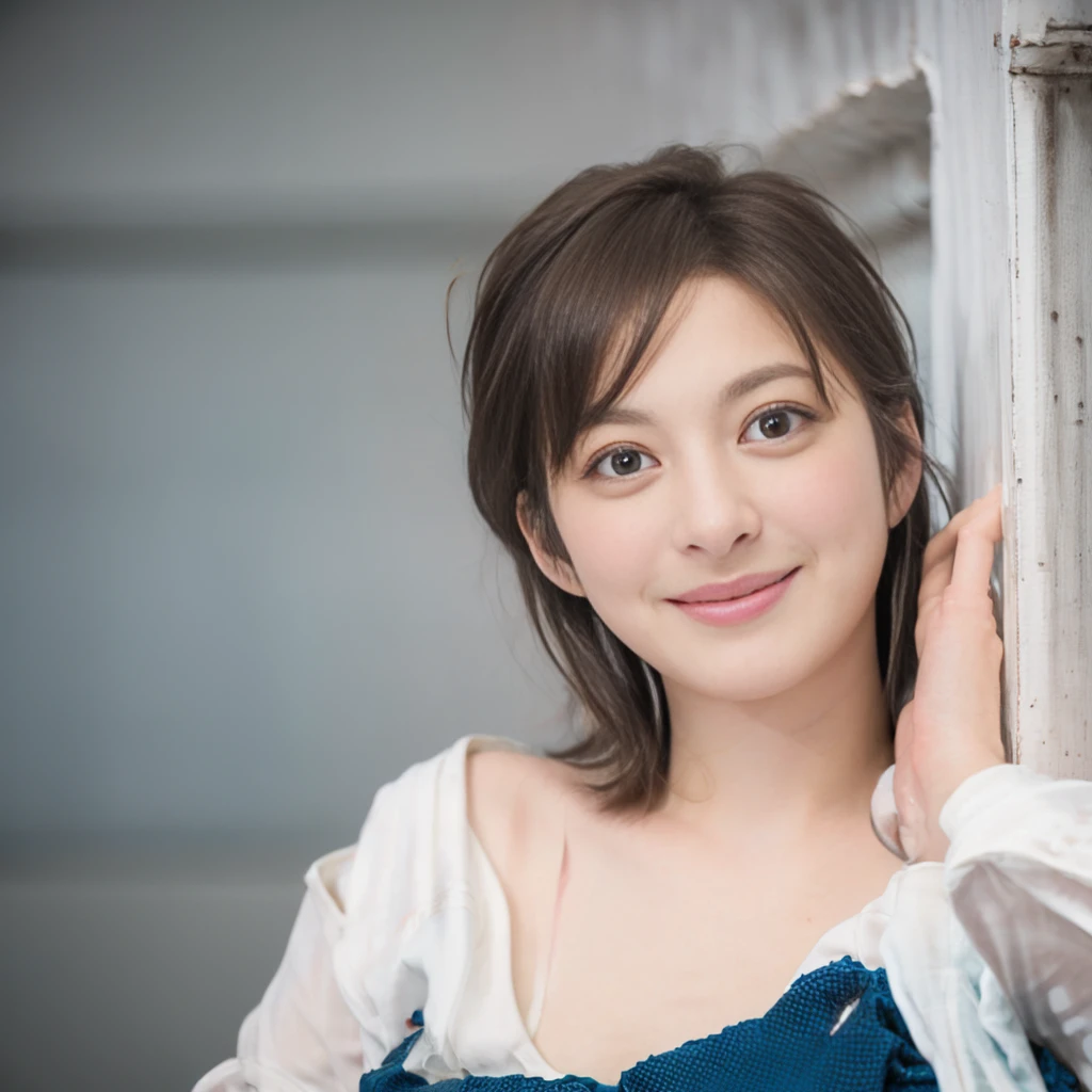 a Close-up portrait of gorgeous smiling cute Japanese woman in a glamorous blue dress outfit, delicate facial features, porcelain-skinned, ponytail, a fusion of young Marion Cotillard's striking eyes and young Anne Hathaway's introspective gaze, long and slender cute face, curved eyebrows, droopy hooded eyes, low nasal bridge, wavy nose, smiling, thin lips, short pixie cut hair, silhouette, bokeh, lobby bar lounge background,