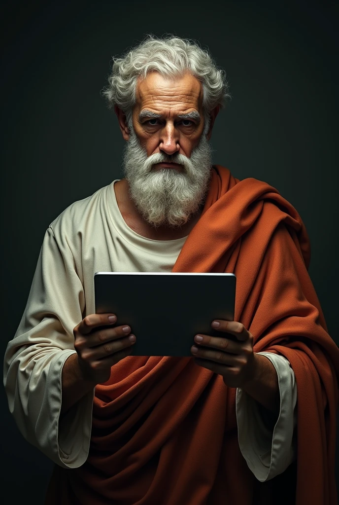 STATUE OF ARISTOTLE THE INTELLIGENT PHILOSOPHER HOLDING A COMPUTER WITH A DARK BACKGROUND