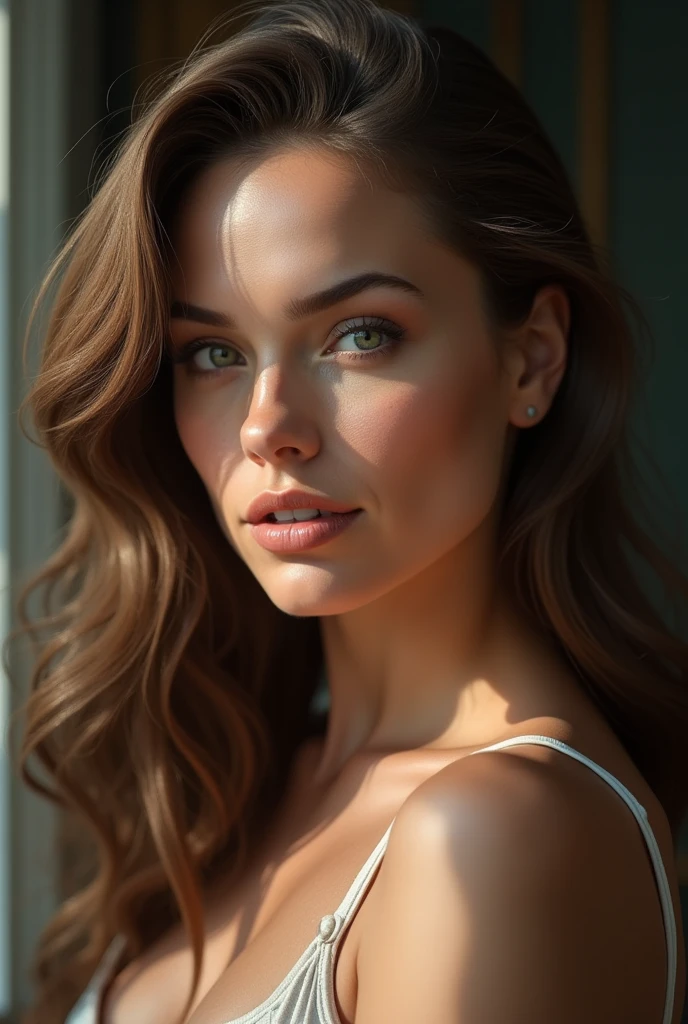 face of a sexy white woman with a face similar to scalett johanson, Brown hair, big boobs and a big butt, with chest measurements 110 centimeters, 65 cm waist and 120 cm rear, green eyes, heart shaped mouth, sensual look, with a height of 172 centimeters.