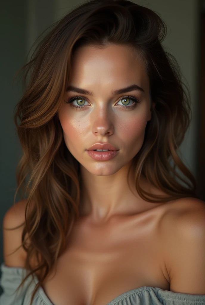 face of a sexy white woman with a face similar to scalett johanson, Brown hair, big boobs and a big butt, with chest measurements 110 centimeters, 65 cm waist and 120 cm rear, green eyes, heart shaped mouth, sensual look, with a height of 172 centimeters.