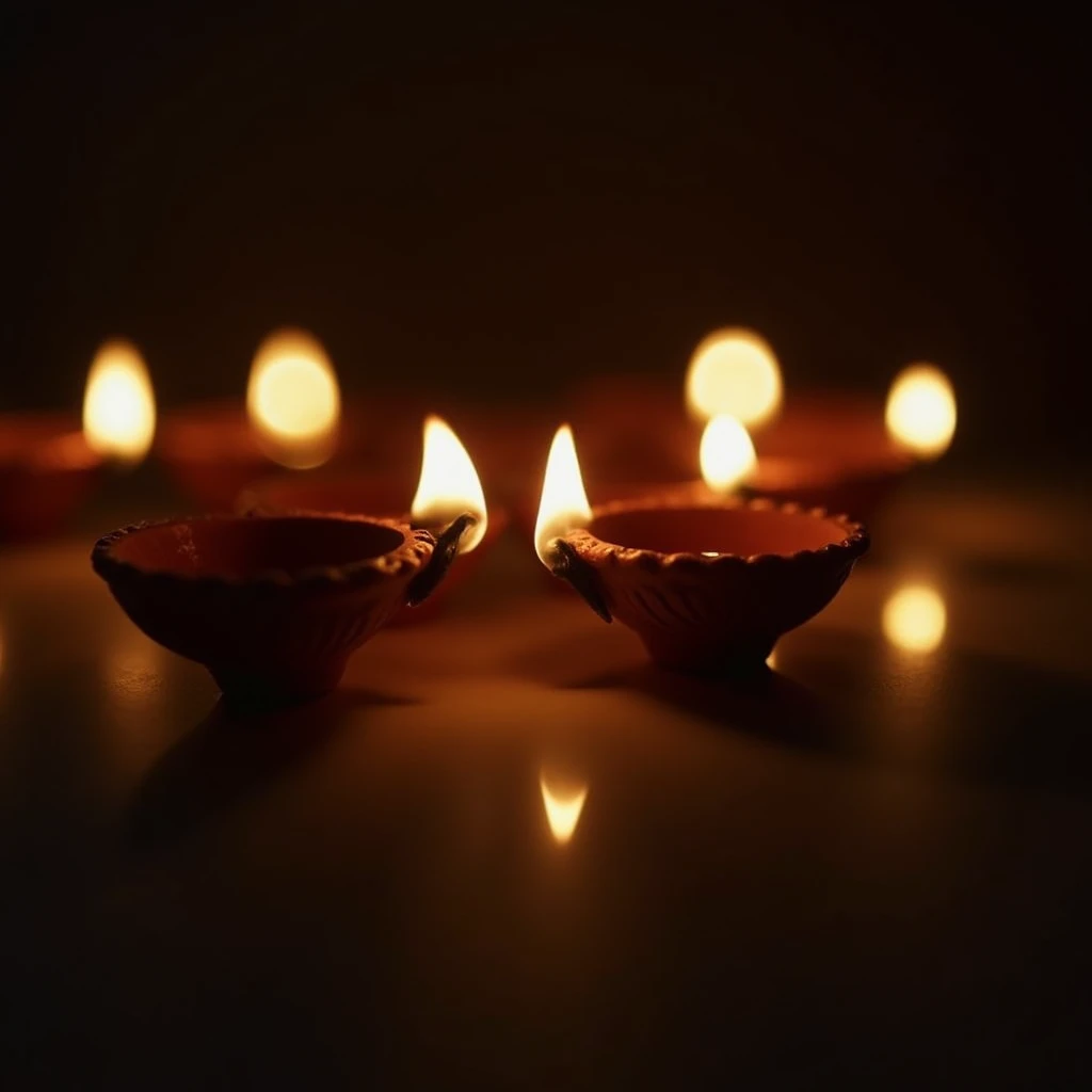 Close-up of several lit Diya lamps, their soft warm flames flickering in the darkness, creating a serene, golden ambiance with reflections on a smooth surface