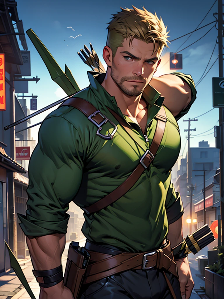 32k, high quality , detailed face , detailed fingers ,detailed muscles stephen amell as green arrow , wearing blackish green outfit , showing a dark blond short hair , a thick facial hair like daddies, a bulge ,hunk and handsome, shooting his arrows with a bow toward the ennemies , in action , with the quiver on his back full of arrows background dark blue sky and city at night