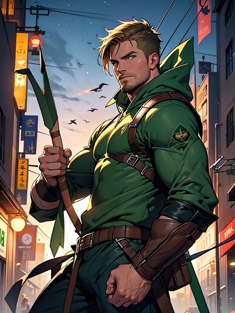 32k, high quality , detailed face , detailed fingers ,detailed muscles  stephen amell as green arrow , wearing blackish green outfit   , showing a dark blond short hair , a thick facial hair like daddies, a bulge ,hunk and handsome, shooting  his  arrows with a bow toward the ennemies , in action , with the quiver on his back full of arrows background dark blue sky and city at night 