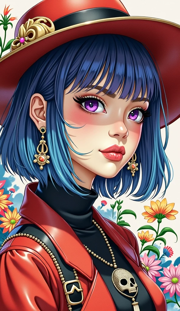 8K quality, watercolor painting, stylish design, (((The strongest beautiful girl of all time))), (((Japanese))), Fashionable hats, (((highest quality))), bob hair, HDR, ((Detailed details)), skull fashion, detailed clothing texture, (((graffiti art))), colorful hair, ((masterpiece))、((Super detailed))、colorful flowers