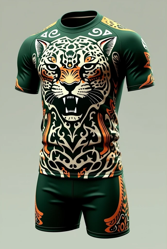 Create a rugby uniform inspired by a Maori-style leopard with the colors green, white, orange and black