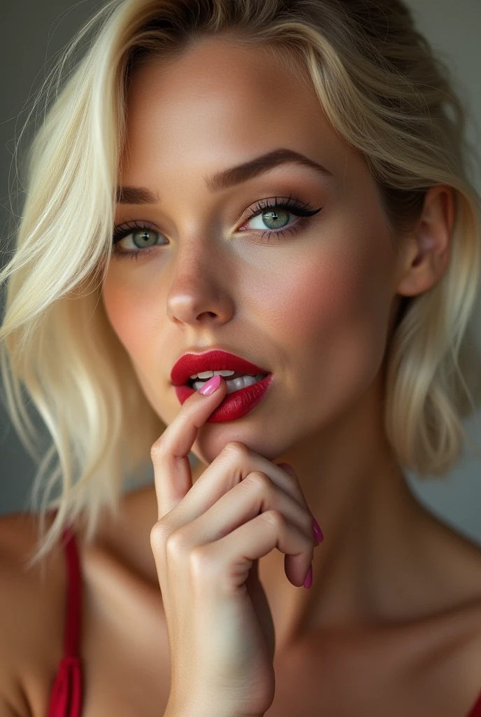 super cute blonde woman, red lipstick, long eye lashes, biting her lip seductively