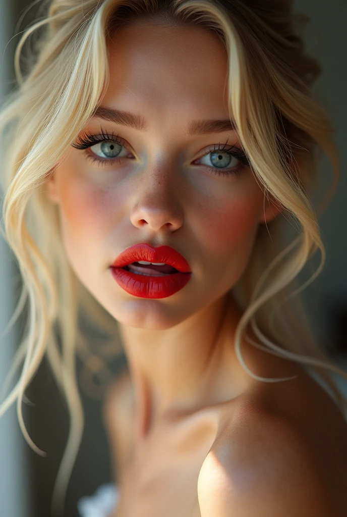 super cute blonde woman, red lipstick, long eye lashes, biting her lip seductively