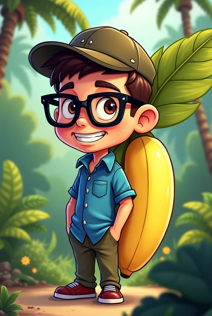 Cartoon character of a man in black glasses and blue shirt, an animated character, northeast of hat, with a banana tree in the ass