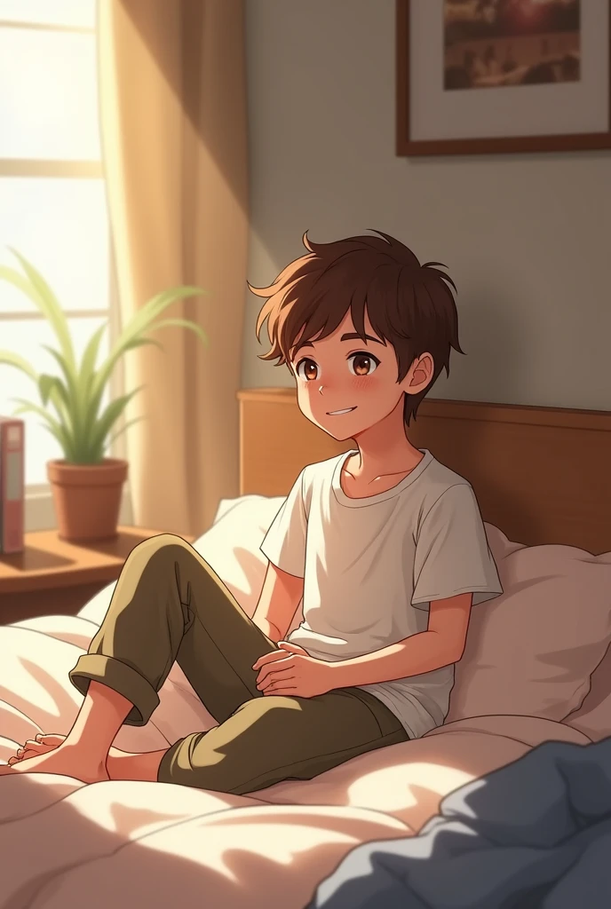 Cute  boy sitting on a bed 