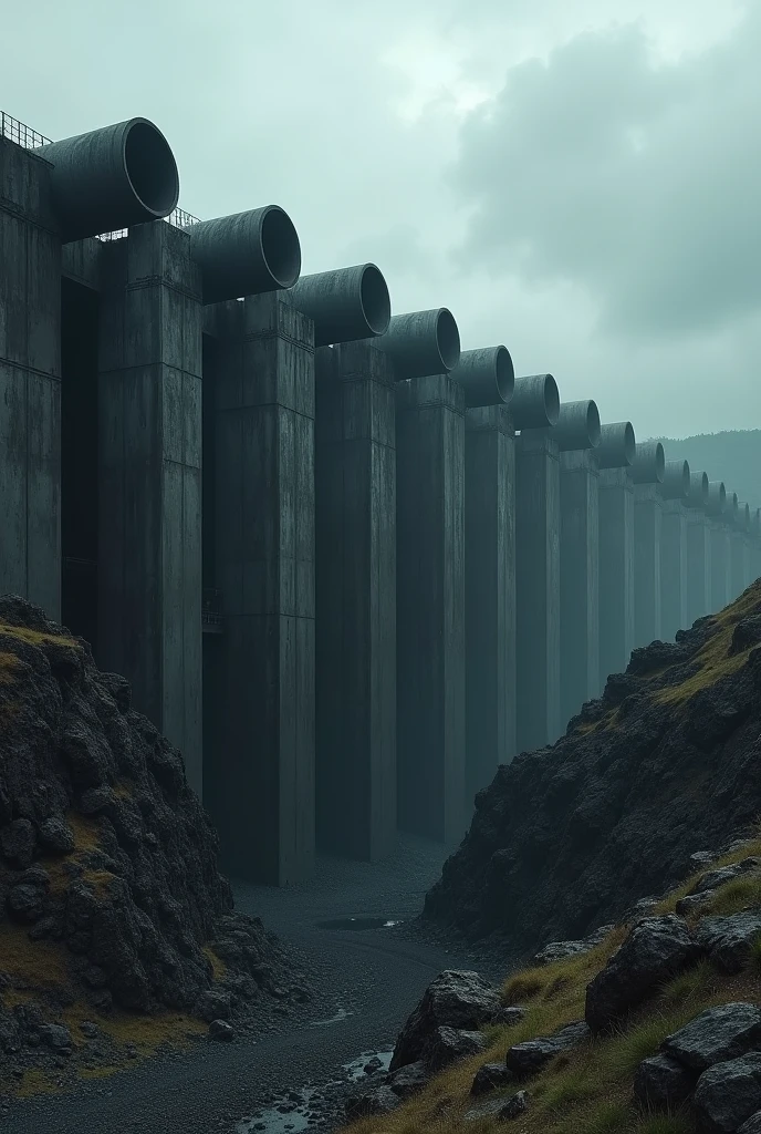 make a giant dark concrete wall 30 meters high with ten round pipes coming out of it, the wall is over a canyon, the pipes are huge dark and abandoned, alien structure with cloudy and stormy sky, dark rocky soil