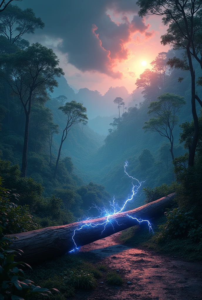 tempest, heavy, dark clouds, electrified log fallen on the trail, enchanted jungle, magical colorful lights, sun in the right corner