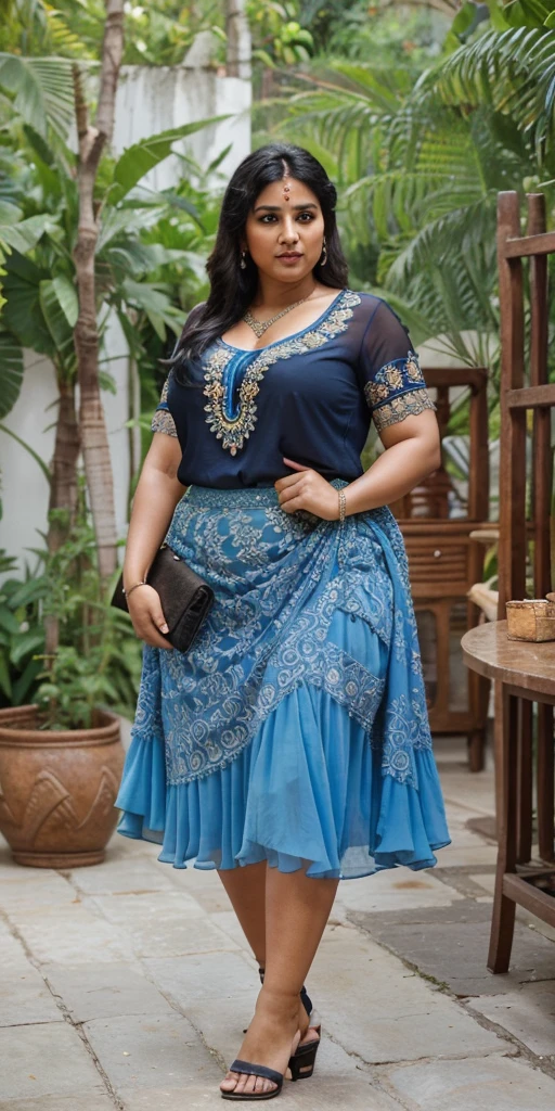 Day scene, A radiant, full-figured South Indian 35 year old aunty a blue colour chiffon mini skirt and black chiffon shirt, standing, in a garden captured in a full-body image with vibrant hues and meticulous details. Full body image