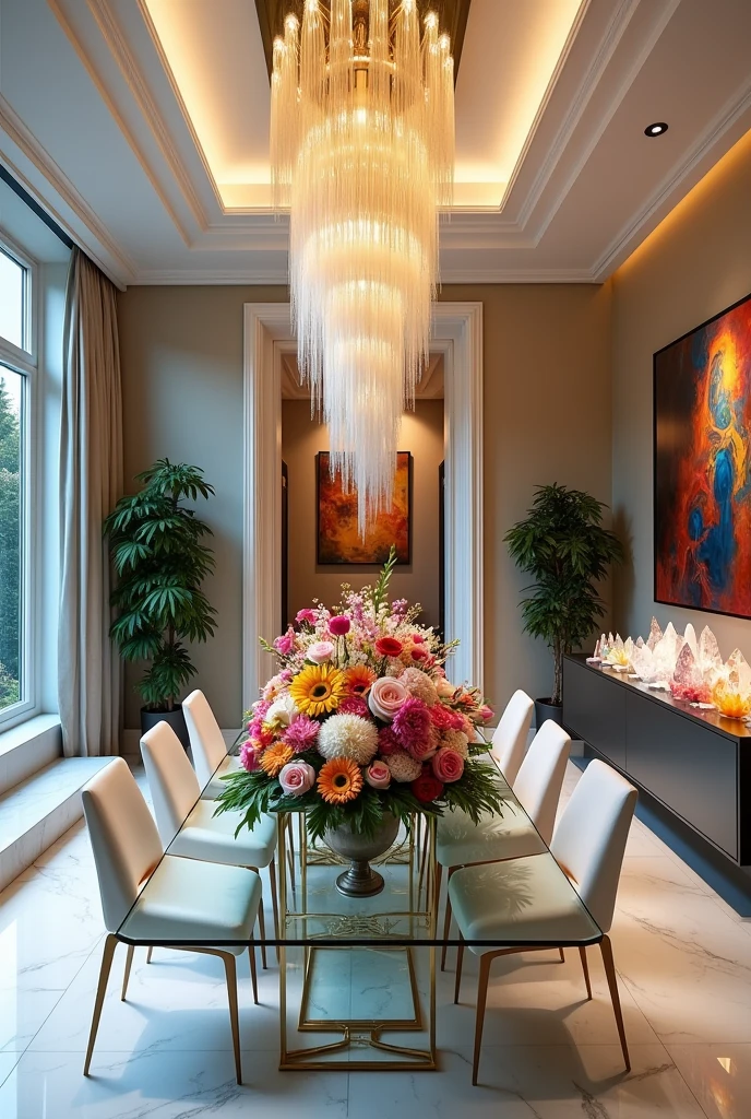 A large dining room with a classic romantic modern futuristic style. With a glass table and in the center a vase of large and beautiful tulip flowers, peonias, rose, gerberas, sunflowers, with white chairs. On the ceiling a modern chandelier. On the left there is a window with a view of the garden and on the right there are paintings and below there is a modern display case with large decorations of quartz and colorful crystals and precious stones.