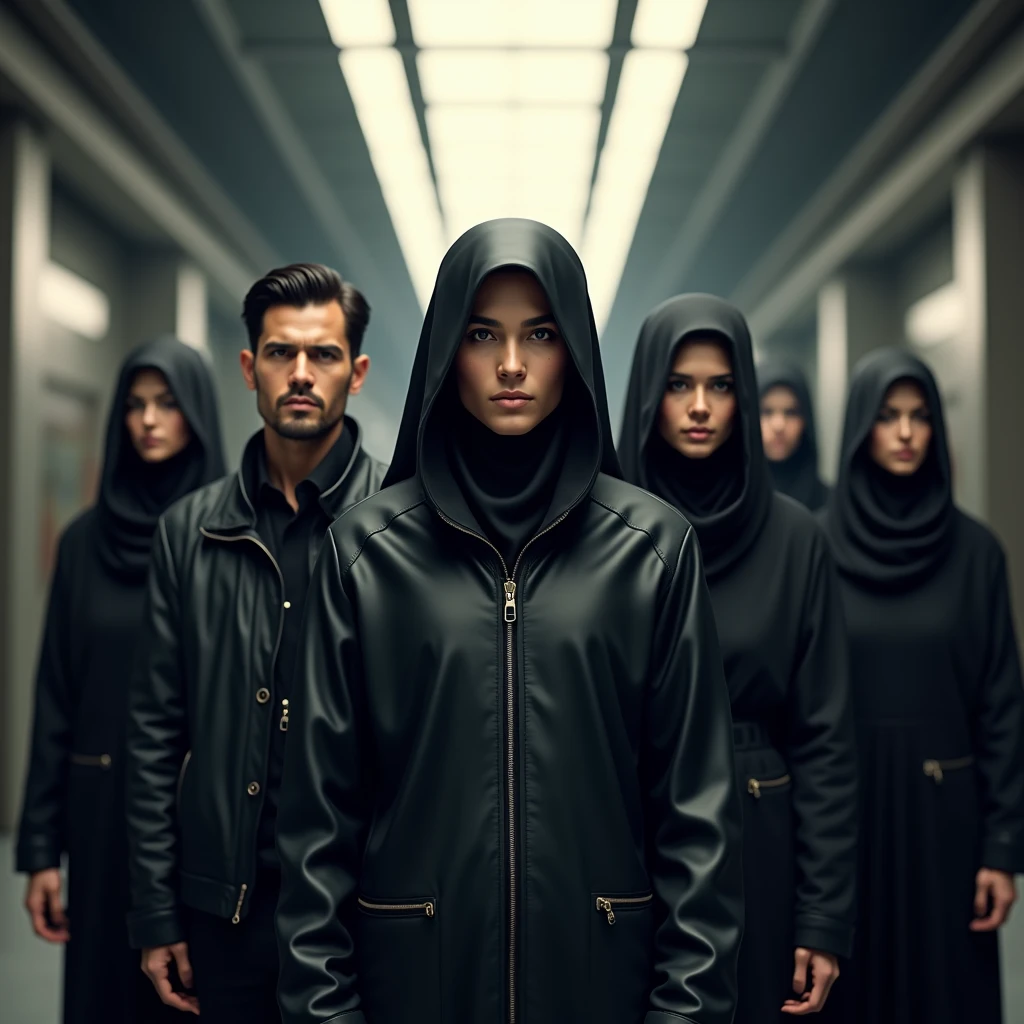 3 men wear black jacket, 3 women wear hijab, extreme detail, masterpiece, ultra realistic, 4k, gaming character, 3D model