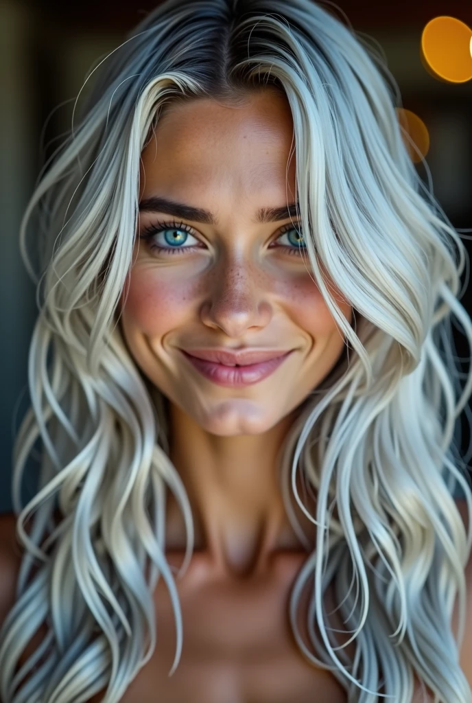 Silver hair, Hair over the shoulder, Long hair, Aqua Blue Eyes, nice smile, Cowboy-shot, 85mm, Canon, uhd, anatomically correct, textured skin, Super Detail, 8k