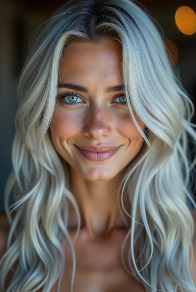 Silver hair, Hair over the shoulder, Long hair, Aqua Blue Eyes, nice smile, Cowboy-shot, 85mm, Canon, uhd, anatomically correct, textured skin, Super Detail, 8k