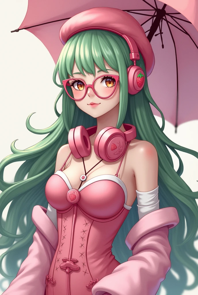 Light black with long green hair and a pink beret on her head and strawberry headphones and pink glasses in her hair and pink sleeves with white and a pink corset and a strawberry pink umbrella without so much bust