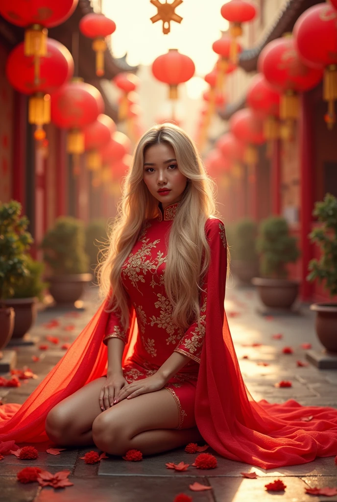 In front of Chinese New Year decorations、A cool-looking Chinese woman with long blonde hair is kneeling on one knee, facing the camera.。Clothes are red cheongsam