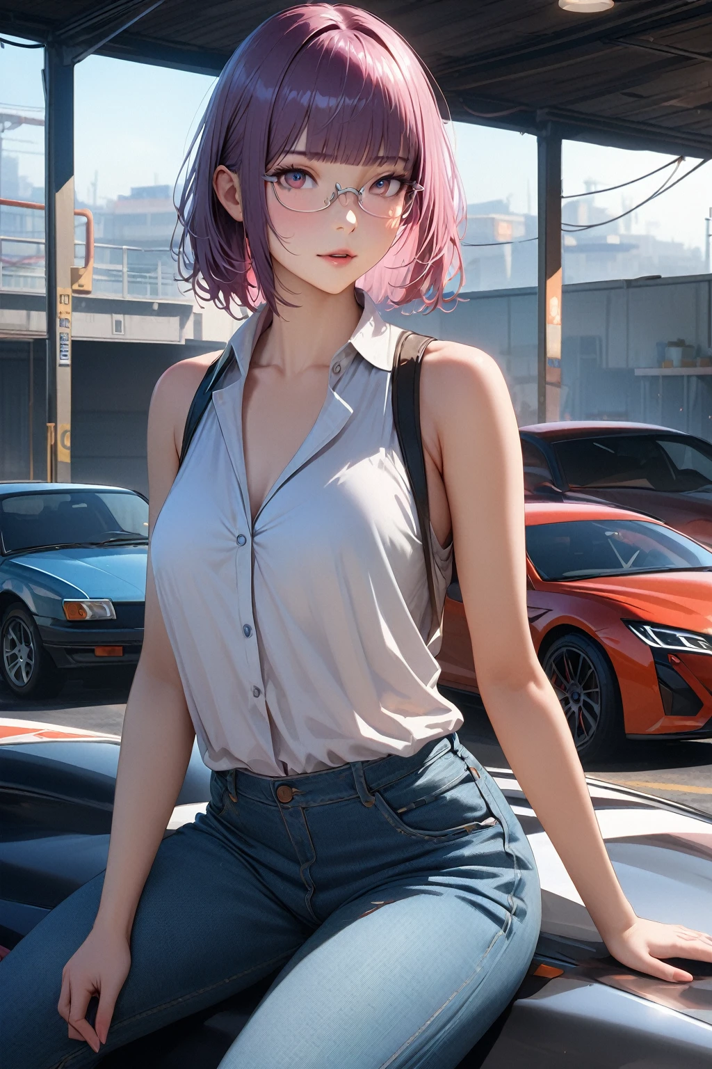 (masterpiece),(top-quality:1.2),1girl in,(masuter piece:1.3),exquisitedetails, Highest quality 8K resolution, Ultra-detailed, Realistic, Vibrant colors, Soft tones, With warm and gentle lighting, (((silver semi-rimless eyewear:1.3))), short hair, blunt bangs, girl sitting on a car hood, license plate, collared open shirt, white Inner tanktop, denim pants, garage