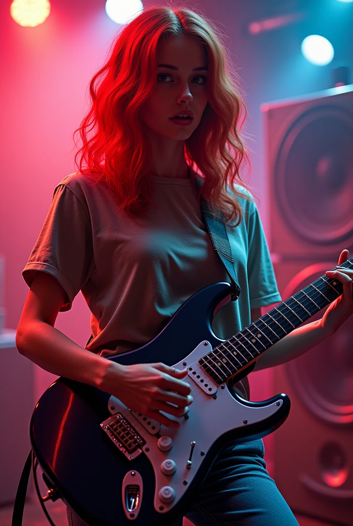 Subwoofer, red hair, girl, guitar red
