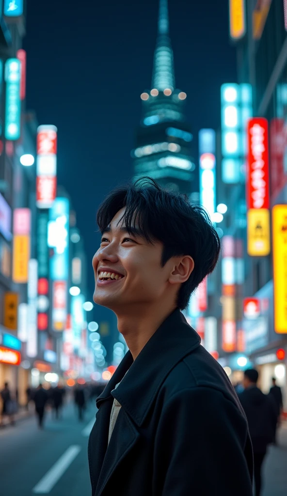 One person, Tokyo Street,night, Cityscape,City lights,Upper Body,close,smile,, (8k, RAW Photos, Highest quality, masterpiece:1.2),(Realistic, photo-Realistic:1.37),