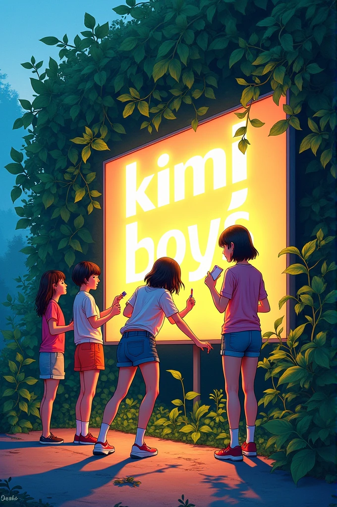 Write Kimi boy 675 on the big sinebord in the bush with some girls working