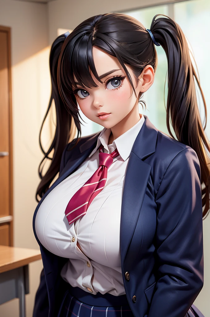 y woman, voluptuous, large breigtails, school uniform