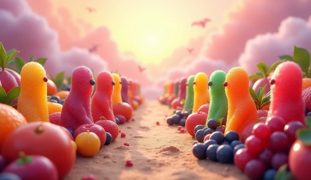 colourfull jelly beas army and fruits army became friends
