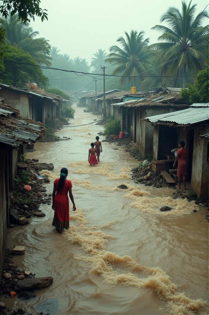 An entire area is being swept away by floods, poor people are crying and houses are being swept away by flood