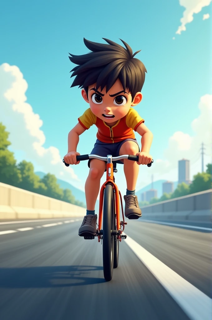 A boy riding the bike speed in the highway road 