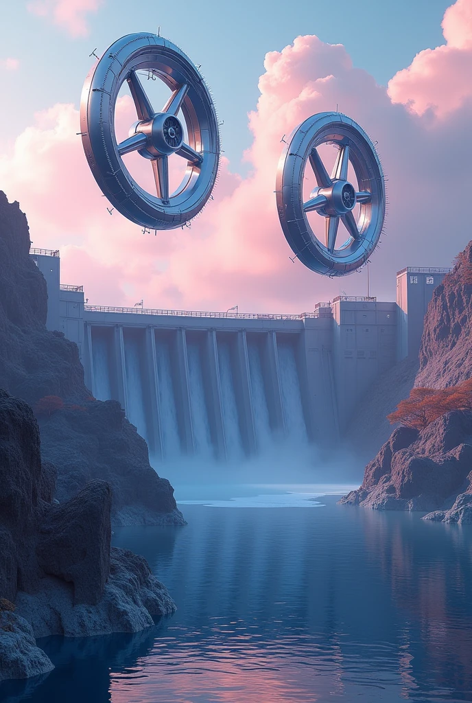Create a futuristic image of large dam with Francis rotors floating in the sky, with an isometric vire of the rotor