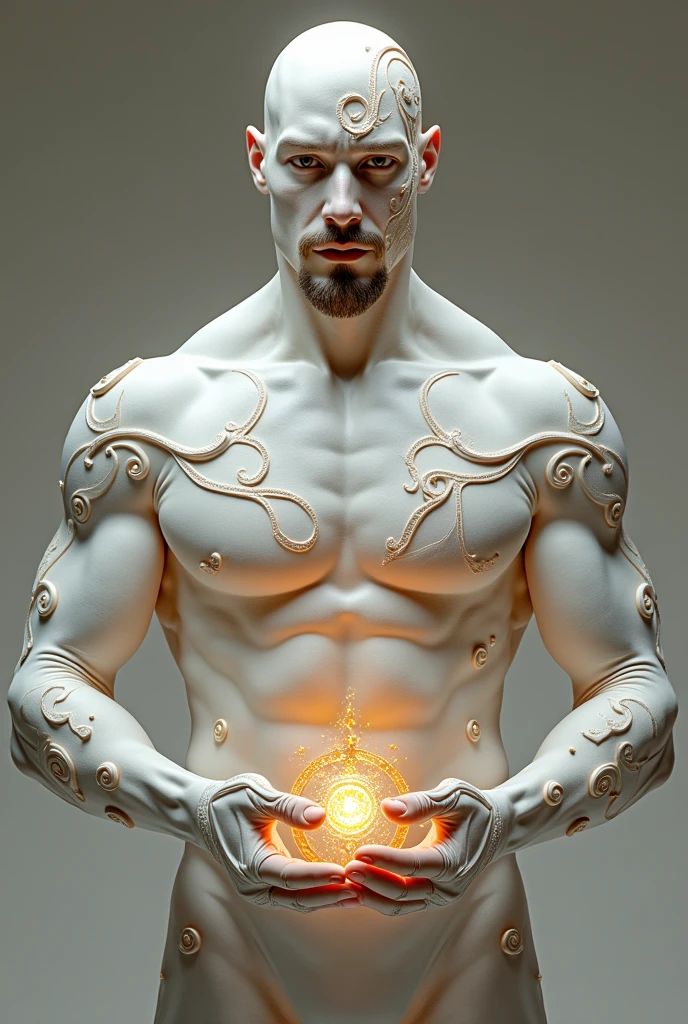 Quarter body 3D image of a strong and handsome hunky Astro, surrealistic face and eyes, wearing white and cream swirls and twirls filigree shiny latex spandex, hands holding a shining jewel, the hero face is depicted extremely clearly in every detail, studio is the background , masterpiece, full hd, best resolution, taken by Canon super marco lens, artistic masterpiece, UHD, 8K."super duper Bulge