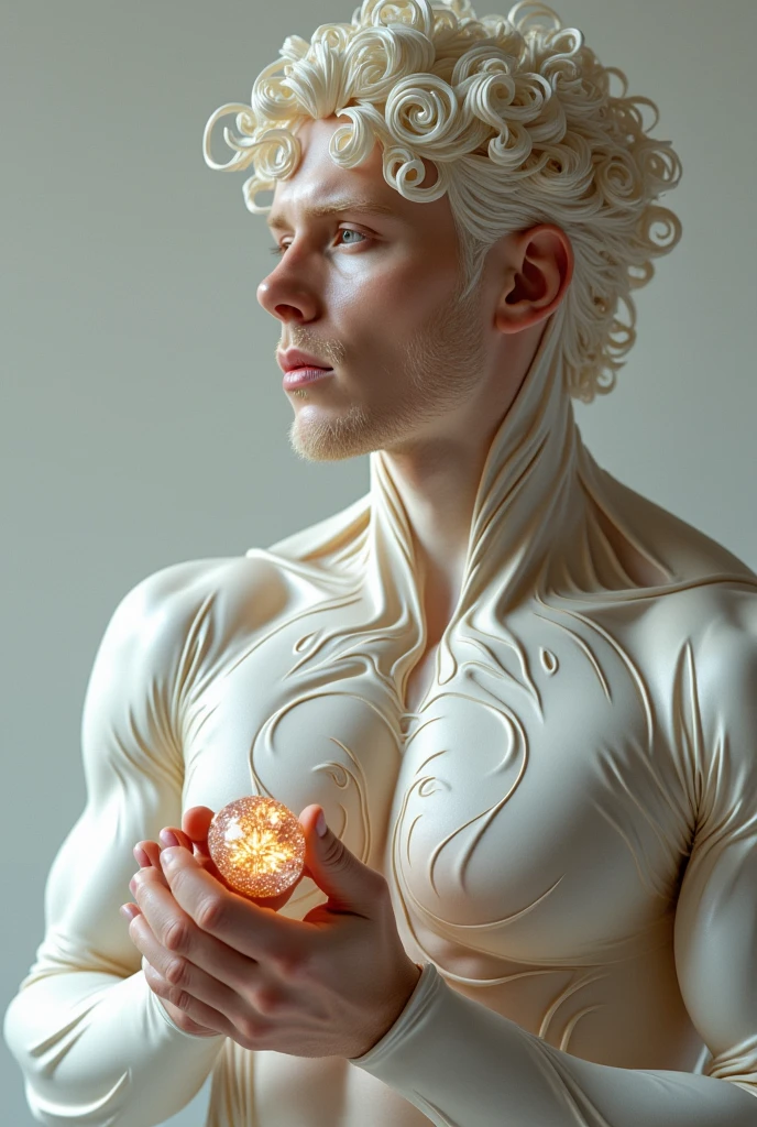 Quarter body 3D image of a strong and handsome hunky Astro, surrealistic face and eyes, wearing white and cream swirls and twirls filigree shiny latex spandex, hands holding a shining jewel, the hero face is depicted extremely clearly in every detail, studio is the background , masterpiece, full hd, best resolution, taken by Canon super marco lens, artistic masterpiece, UHD, 8K."super duper Bulge 
