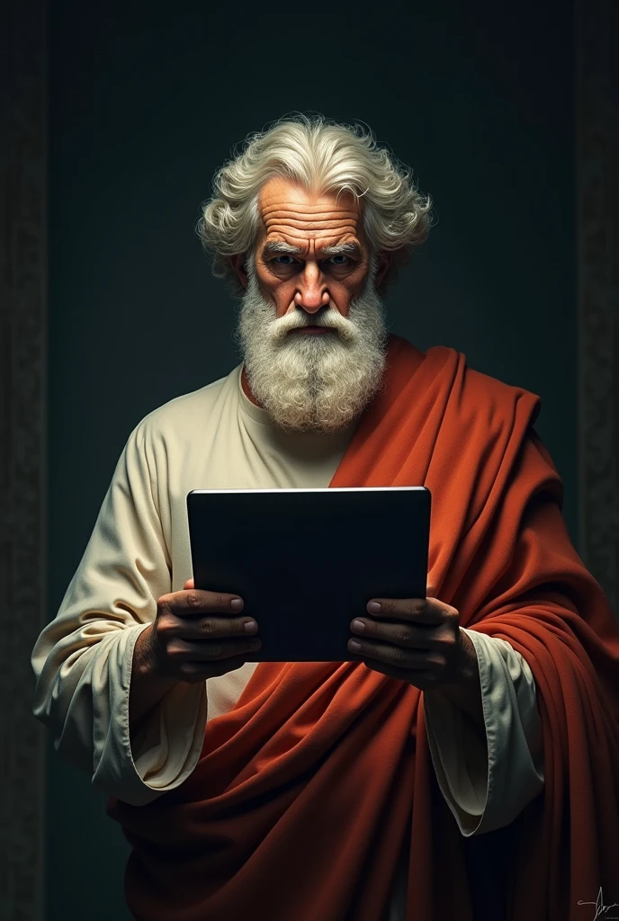 STATUE OF ARISTOTLE THE INTELLIGENT PHILOSOPHER HOLDING A COMPUTER WITH A DARK BACKGROUND

