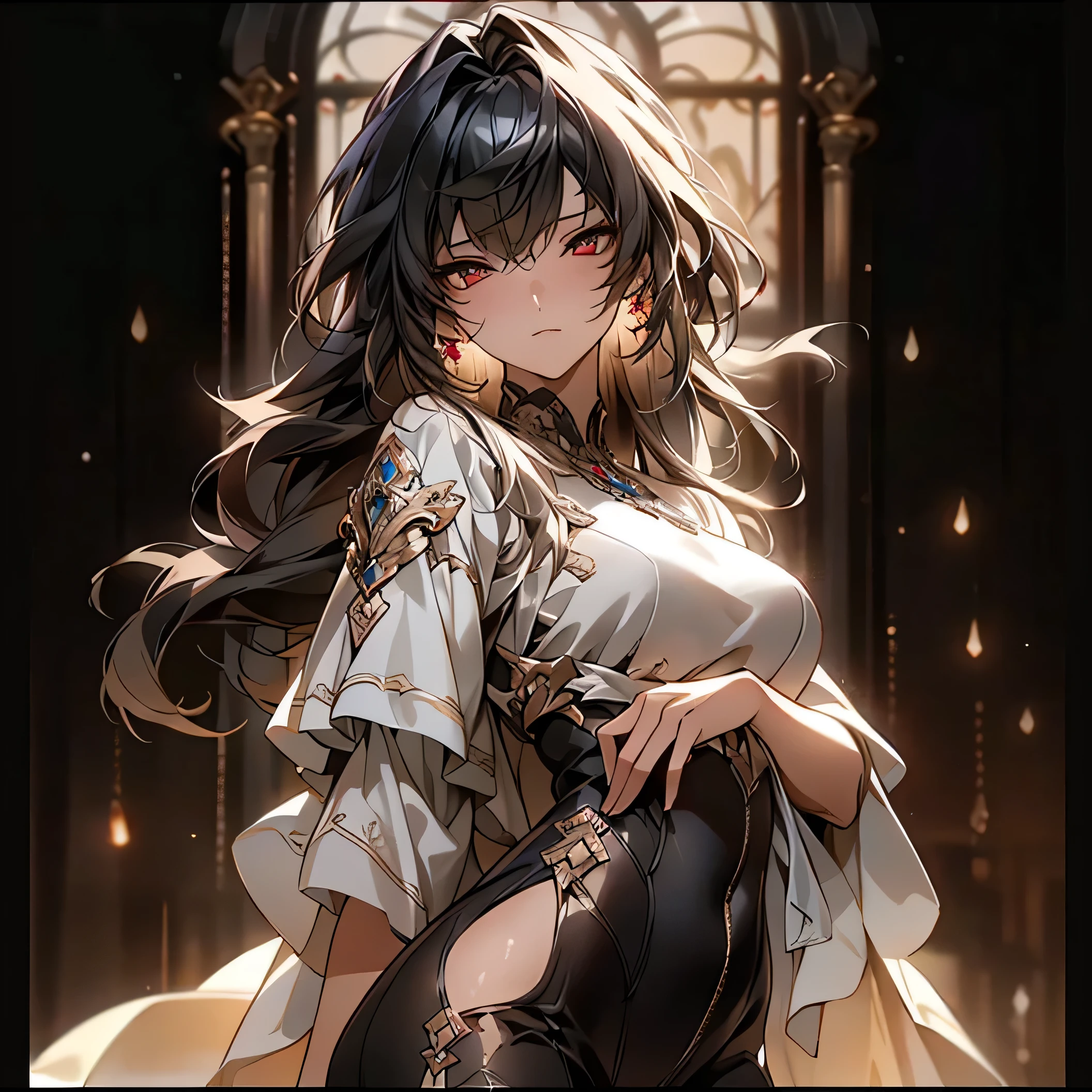 (best quality)), ((Masterpiece)), (details:1.4), 3d, HDR (high dynamic range), an image of a beautiful cyberpunk female, Black hair, Curtain Bangs, Red eyes, hips up, จมูกโด่ง, ปากแดง, หน้าอกใหญ่, nvidia RTX, PBR surface, After processing, Anisotropic filtration,depth of field, Maximum clarity and clarity, multi-layered surface, Subsurface scattering, perfect proportions, 8K raw files, ultra detailed, Perfect proportions, volumetric lighting, soft lighting, Holy Paladin, Heavy White Armor, intricate silver embroidery, glossy skin, gorgeous, intricate grey background, strong back lighting, jewely, ต่างหู, นิ้วมือสมบูรณ์, กระโปรงสั้น