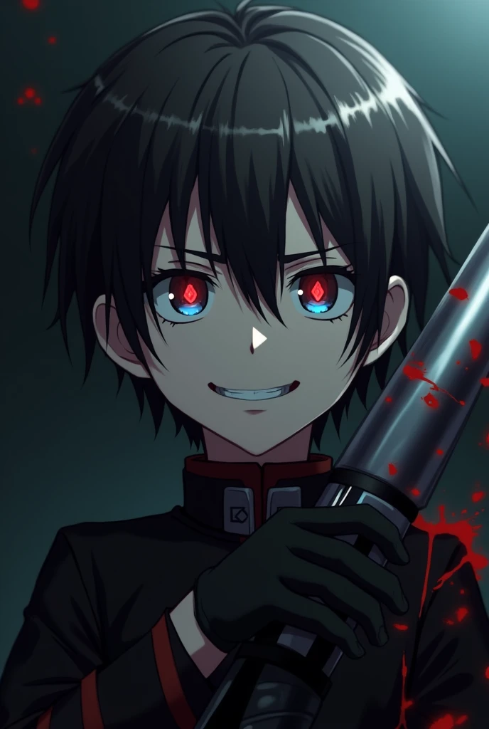 A 16 year old boy, dressed like a soldier but in a black uniform, with a soldier's weapon, with dark brown hair and dark blue eyes, look and smiling expression a little psychopathic, with blood stains on the face, with black gloves, anime style, He looks slightly annoyed but smiles with an air of superiority and his face is slightly shadowed., her pupils of eyes like red diamonds, Anime style the boy, that is in a dark
