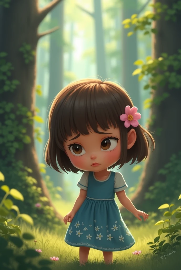 Description: cielo was very sad because he didn't want to go home and wanted to stay playing with his brother (focus only on cielo sadness and complaint, not so much on Angel) and they remember that they are in the forest
Ángel: A 9-year-old small boy human with brown, slightly wavy, and messy hair. He wears glasses that frame his bright blue eyes. He is dressed in casual clothes with scratches and bruises on his arms and legs, showing his adventurous nature.
Cielo: A 4-year-old girl human with short brown hair that reaches just above her ears. She has a small pink flower in her hair. She wears a blue dress with tiny white floral