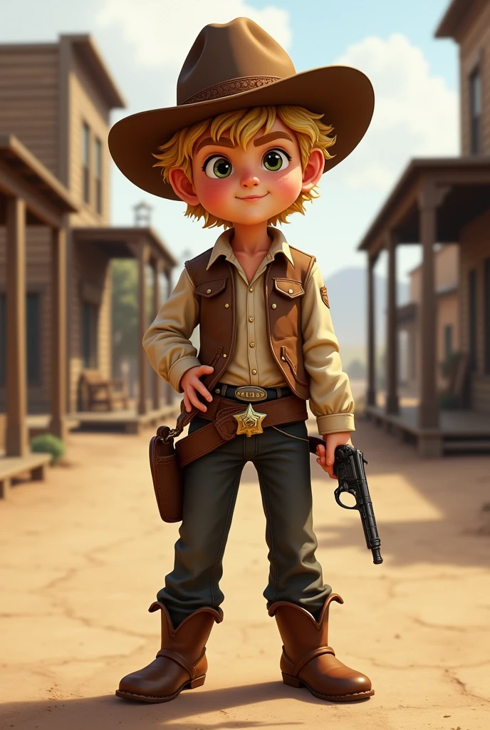 blonde curly-haired sheriff (boy) uses a gun
