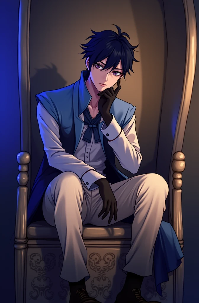 anime man sitting on a chair with his hand on his chin, handsome anime pose, Inspired by Bian Shoumin, official illustration, shigenori soejima illustration, anime portrait of a handsome man, Handsome boy in Demon Slayer art, official art, official illustration del personaje, young animated, delicate androgynous prince, official art del personaje, exquisite fanart very detailed nude 