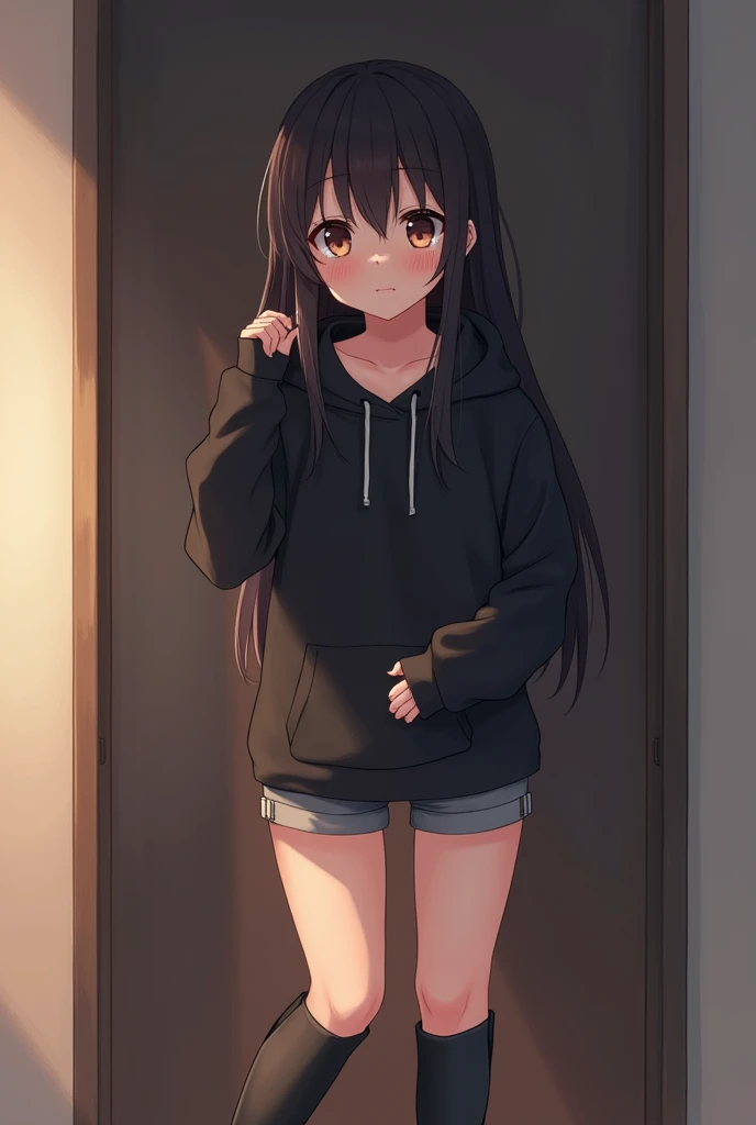 Anime Shy blushing 1 girl because She wanna tell you (you are cute lesbian girl to her that she love) She is a futa. Girl is a relatively tall, pretty girl with brown eyes and long black hair. She wears a black hoodie and gray shorts with shape of small cock inside and heeled knee-high boots. She cries and blushes because She wants to tell you that she is a futa but is scared you gonna leave her so she cry in fear.